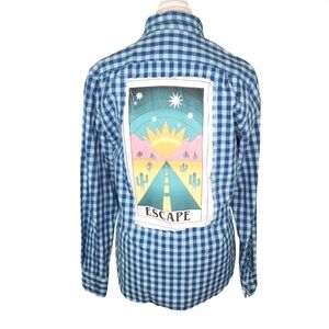 Boneyard Threadz Blue Plaid Soft Button Down Shirt with Escape Graphic Small